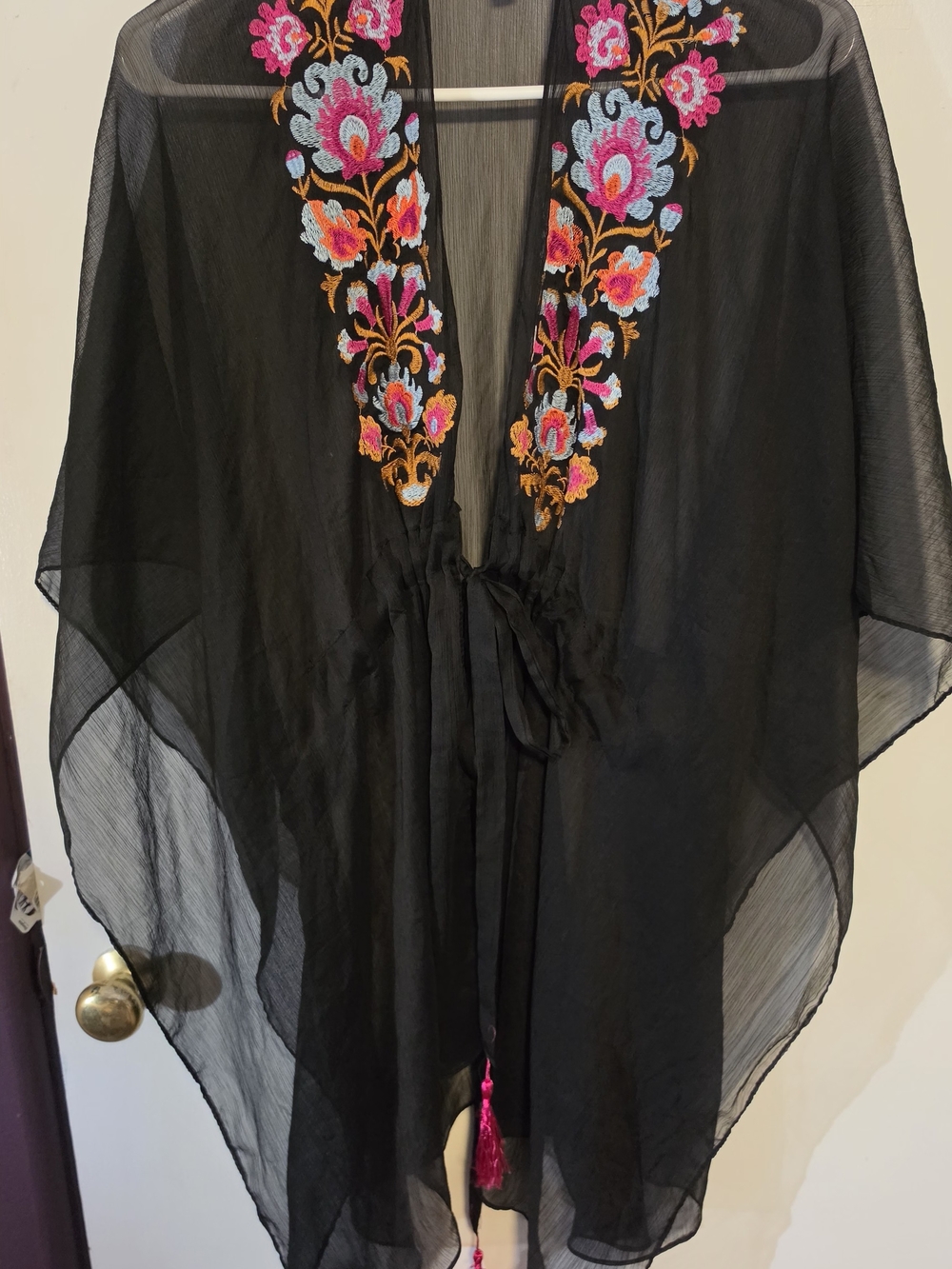 BCBGeneration Black Sheer Embroidered V-Neck Tie Front Tunic